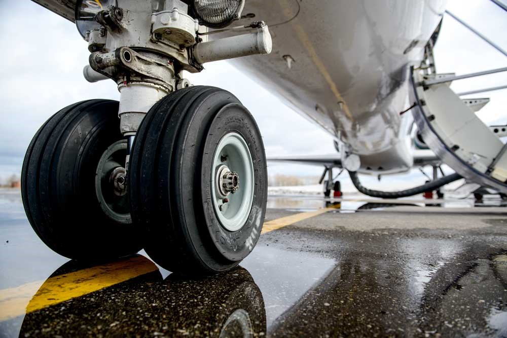 A closeup of an aeroplane's wheels