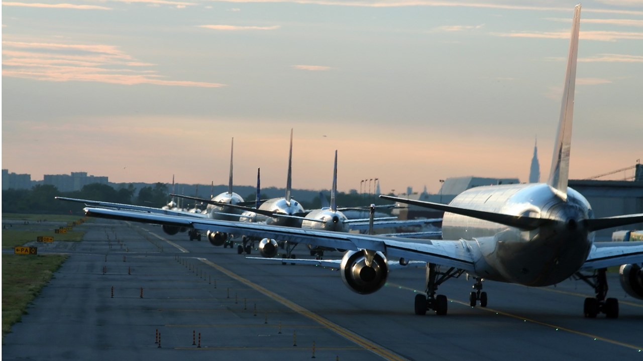 Photo of aircraft fleet on lined up on runway