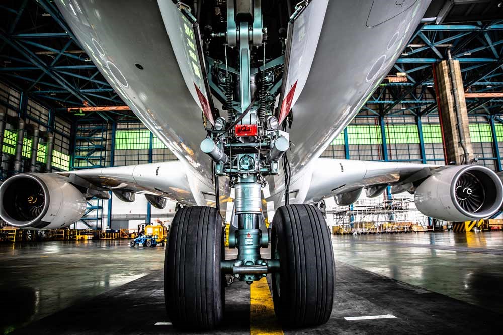 Undercarriage of an aircraft being serviced